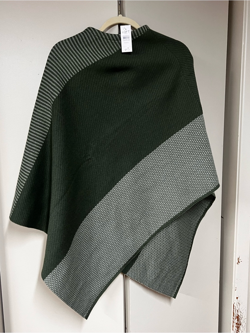 LOFT Dark Olive and Gray Knit Poncho with Contrast Trim